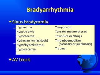 Bradyarrhythmia Sinus bradycardia Sinus node dysfunction (SSS) rare in children except CHD postoperatively (Senning, TCPC) Hypoxemia, hypothermia, acidosis, e- imbalance, toxin, … AV block 