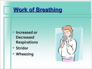 Work of Breathing


• Increased or
  Decreased
  Respirations
• Stridor
• Wheezing
 