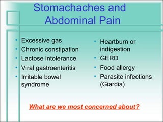Stomachaches and
          Abdominal Pain
•   Excessive gas           • Heartburn or
•   Chronic constipation      indigestion
•   Lactose intolerance     • GERD
•   Viral gastroenteritis   • Food allergy
•   Irritable bowel         • Parasite infections
    syndrome                  (Giardia)


      What are we most concerned about?
 