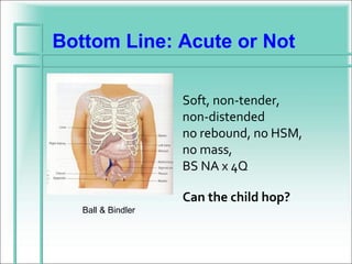 Bottom Line: Acute or Not

                    Soft, non-tender,
                    non-distended
                    no rebound, no HSM,
                    no mass,
                    BS NA x 4Q

                    Can the child hop?
   Ball & Bindler
 