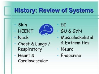 History: Review of Systems

• Skin              • GI
• HEENT             • GU & GYN
• Neck              • Musculoskeletal
• Chest & Lungs /     & Extremities
  Respiratory       • Neuro
• Heart &           • Endocrine
  Cardiovascular
 