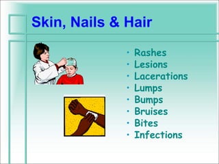 Skin, Nails & Hair
              •   Rashes
              •   Lesions
              •   Lacerations
              •   Lumps
              •   Bumps
              •   Bruises
              •   Bites
              •   Infections
 
