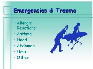 Emergencies & Trauma

• Allergic
  Reactions
• Asthma
• Head
• Abdomen
• Limb
• Other
 