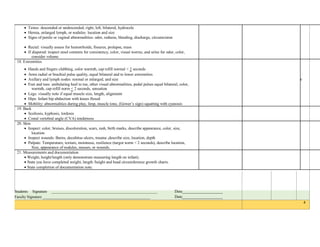  Testes: descended or undescended, right, left, bilateral, hydrocele
 Hernia, enlarged lymph, or nodules: location and size
 Signs of penile or vaginal abnormalities: odor, redness, bleeding, discharge, circumcision
 Rectal: visually assess for hemorrhoids, fissures, prolapse, mass
 If diapered: inspect stool contents for consistency, color, visual worms, and urine for odor, color,
consider volume
18. Extremities
 Hands and fingers clubbing, color warmth, cap refill normal < 2 seconds
 Arms radial or brachial pulse quality, equal bilateral and to lower extremities
 Axillary and lymph nodes: normal or enlarged, and size c
 Feet and toes: ambulating heel to toe, other visual abnormalities, pedal pulses equal bilateral, color,
warmth, cap refill norm < 2 seconds, sensation
 Legs: visually note if equal muscle size, length, alignment
 Hips: Infant hip abduction with knees flexed
 Mobility: abnormalities during play, limp, muscle tone, (Gower’s sign) squatting with cyanosis
19. Back
 Scoliosis, kyphosis, lordosis
 Costal vertebral angle (CVA) tenderness
20. Skin
 Inspect: color, bruises, discoloration, scars, rash, birth marks, describe appearance, color, size,
location
 Inspect wounds: Burns, decubitus ulcers, trauma ,describe size, location, depth
 Palpate: Temperature, texture, moistness, resilience (turgor norm < 2 seconds), describe location,
Size, appearance of nodules, masses, or wounds.
21. Measurements and documentation
 Weight, height/length (only demonstrate measuring length on infant).
 State you have completed weight, length /height and head circumference growth charts.
 State completion of documentation note.
Students Signature _______________________________________________________
Faculty Signature ________________________________________________________
Date____________________
Date____________________
4
 