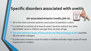 Specific disorders associated with uveitis
JIA-associated Anterior Uveitis (JIA-U) :
• JIA is the most common systemic association of paediatric uveitis.
• It is defined as arthritis of at least 6 weeks’ duration without any other
identifiable cause in children younger than 16 years of age.
• The International League of Associations for Rheumatology (ILAR) classified
JIA into seven subtypes.
• It is the most common cause of uveitis in children and also major cause of visual
impairment in children.
 