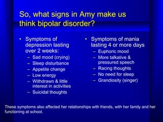 So, what signs in Amy make us
think bipolar disorder?
• Symptoms of
depression lasting
over 2 weeks:
– Sad mood (crying)
– Sleep disturbance
– Appetite change
– Low energy
– Withdrawn & little
interest in activities
– Suicidal thoughts
• Symptoms of mania
lasting 4 or more days
– Euphoric mood
– More talkative &
pressured speech
– Racing thoughts
– No need for sleep
– Grandiosity (singer)
These symptoms also affected her relationships with friends, with her family and her
functioning at school.
 