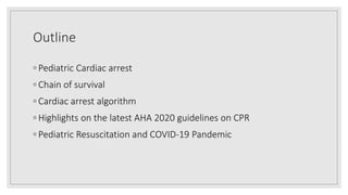 Outline
◦ Pediatric Cardiac arrest
◦ Chain of survival
◦ Cardiac arrest algorithm
◦ Highlights on the latest AHA 2020 guidelines on CPR
◦ Pediatric Resuscitation and COVID-19 Pandemic
 