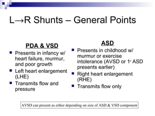 L→R Shunts – General Points

        PDA & VSD                                   ASD
                                     Presents in childhood w/
   Presents in infancy w/
                                      murmur or exercise
    heart failure, murmur,
                                      intolerance (AVSD or 1o ASD
    and poor growth
                                      presents earlier)
   Left heart enlargement           Right heart enlargement
    (LHE)
                                      (RHE)
   Transmits flow and               Transmits flow only
    pressure


      AVSD can present as either depending on size of ASD & VSD component
 