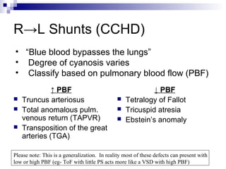 R→L Shunts (CCHD)
• “Blue blood bypasses the lungs”
• Degree of cyanosis varies
• Classify based on pulmonary blood flow (PBF)
              ↑ PBF                                         ↓ PBF
   Truncus arteriosus                            Tetralogy of Fallot
   Total anomalous pulm.                         Tricuspid atresia
    venous return (TAPVR)                         Ebstein’s anomaly
   Transposition of the great
    arteries (TGA)

Please note: This is a generalization. In reality most of these defects can present with
low or high PBF (eg- ToF with little PS acts more like a VSD with high PBF)
 