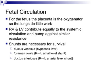Fetal Circulation
   For the fetus the placenta is the oxygenator
    so the lungs do little work
   RV & LV contribute equally to the systemic
    circulation and pump against similar
    resistance
   Shunts are necessary for survival
       ductus venosus (bypasses liver)
       foramen ovale (R→L atrial level shunt)
       ductus arteriosus (R→L arterial level shunt)
 
