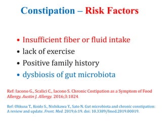 Constipation – Risk Factors
• Insufficient fiber or fluid intake
• lack of exercise
• Positive family history
• dysbiosis of gut microbiota
Ref: Iacono G., Scalici C., Iacono S. Chronic Costipation as a Symptom of Food
Allergy. Austin J. Allergy. 2016;3:1024.
Ref: Ohkusa T., Koido S., Nishikawa Y., Sato N. Gut microbiota and chronic constipation:
A review and update. Front. Med. 2019;6:19. doi: 10.3389/fmed.2019.00019.
 
