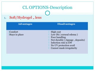 CL OPTIONS-Description
1. Soft/Hydrogel „ lens
Advantages Disadvantages
Comfort
Stays in place
 High cost
 Low Dk ( corneal edema )
 Poor handling
 Not durable ( rippage , deposits)
 Infection risk in EW
 No UV protection avail
 Cannot mask irregularity
 