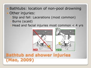  Bathtubs: location of non-pool drowning
 Other injuries:
    ◦ Slip and fall: Lacerations (most common)
    ◦ Burns (scald)
    ◦ Head and facial injuries most common < 4 yrs




Bathtub and shower injuries
(Mao, 2009)
 