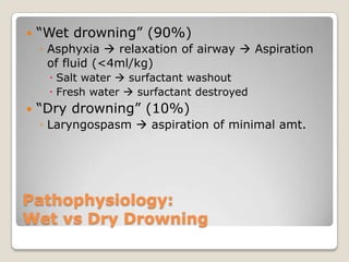    “Wet drowning” (90%)
    ◦ Asphyxia  relaxation of airway  Aspiration
      of fluid (<4ml/kg)
      Salt water  surfactant washout
      Fresh water  surfactant destroyed
   “Dry drowning” (10%)
    ◦ Laryngospasm  aspiration of minimal amt.




Pathophysiology:
Wet vs Dry Drowning
 