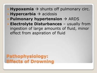  Hypoxemia  shunts off pulmonary circ.
 Hypercarbia  acidosis
 Pulmonary hypertension  ARDS
 Electrolyte Disturbances – usually from
  ingestion of large amounts of fluid, minor
  effect from aspiration of fluid




Pathophysiology:
Effects of Drowning
 