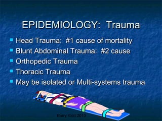 Barry Kidd 2010 10
EPIDEMIOLOGY: TraumaEPIDEMIOLOGY: Trauma
 Head Trauma: #1 cause of mortalityHead Trauma: #1 cause of mortality
 Blunt Abdominal Trauma: #2 causeBlunt Abdominal Trauma: #2 cause
 Orthopedic TraumaOrthopedic Trauma
 Thoracic TraumaThoracic Trauma
 May be isolated or Multi-systems traumaMay be isolated or Multi-systems trauma
 