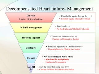 Decompensated Heart failure- Management
• Usually the most effective Rx +++
• Caution regard obstructive lesion
Diuretic
Lasix - Spironolactone
• Restricted +++
• No Restriction in Obstructive Lesion
IV fluid management
• Most case recommended ++
• Caution in Obstructive Lesion
Inotrope support
• Effective ,specially in Lt side failure++
• Contraindicate in Obstructive lesion
Captopril
• Not essential Rx in Acute Phase
• May hold in Arrhythmia
• Caution in Myocarditis
Digoxin
• May be benefit in some case (+/-)
• Caution in Shunt and obstructive lesion
Anti-PH
Rx
 