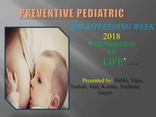 Presented by: Bablu, Vijay,
Yashab, Atul, Kunnu, Snehlata,
Gaytri
BREASTFEEDING WEEK
2018
‘FOUNDATION
OF
LIFE’….
 