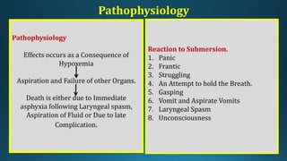 Pathophysiology
Pathophysiology
Effects occurs as a Consequence of
Hypoxemia
Aspiration and Failure of other Organs.
Death is either due to Immediate
asphyxia following Laryngeal spasm,
Aspiration of Fluid or Due to late
Complication.
Reaction to Submersion.
1. Panic
2. Frantic
3. Struggling
4. An Attempt to hold the Breath.
5. Gasping
6. Vomit and Aspirate Vomits
7. Laryngeal Spasm
8. Unconsciousness
 