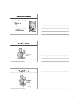 Insensible Losses

        • Factors affecting insensible
          losses
             – Respiratory rate
                   • Age
                   • Pain
                   • Ventilator
             – Environmental temperature
                   • Phototherapy
             – Congenital skin defects




                               Gastroschisis




http://www.nlm.nih.gov/medlineplus/ency/imagepages/9028.htm




                                Omphalocele




http://www.nlm.nih.gov/medlineplus/ency/imagepages/9030.htm




                                                              5
 