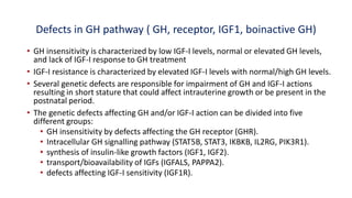 Defects in GH pathway ( GH, receptor, IGF1, boinactive GH)
• GH insensitivity is characterized by low IGF-I levels, normal or elevated GH levels,
and lack of IGF-I response to GH treatment
• IGF-I resistance is characterized by elevated IGF-I levels with normal/high GH levels.
• Several genetic defects are responsible for impairment of GH and IGF-I actions
resulting in short stature that could affect intrauterine growth or be present in the
postnatal period.
• The genetic defects affecting GH and/or IGF-I action can be divided into five
different groups:
• GH insensitivity by defects affecting the GH receptor (GHR).
• Intracellular GH signalling pathway (STAT5B, STAT3, IKBKB, IL2RG, PIK3R1).
• synthesis of insulin-like growth factors (IGF1, IGF2).
• transport/bioavailability of IGFs (IGFALS, PAPPA2).
• defects affecting IGF-I sensitivity (IGF1R).
 