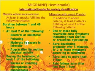 MIGRAINE( Hemicrania)
International Headache society classification
Migraine without aura (common)
At least 5 attacks fulfilling the
following criteria:
Duration between 1 and 48
hours
• At least 2 of the following:
– Bilateral or unilateral
– Pulsating
– Moderate to severe in
intensity
– Aggravation by routine
physical activity
• During the headache, at
least 1 of the following:
– Nausea or vomiting
– Photophobia or
Migraine with aura ( Classic)
In addition to above
criteria, at least 2 attacks
fulfilling at least 3 of the
following criteria:
• One or more fully
reversible aura symptoms
indicating focal cortical
or brainstem dysfunction
• Aura developing
gradually over 4 minutes,
or 2 or more symptoms
occurring in succession
• Aura lasts no more than
1 hour
• Pain follows aura after
less than 1 hour
 
