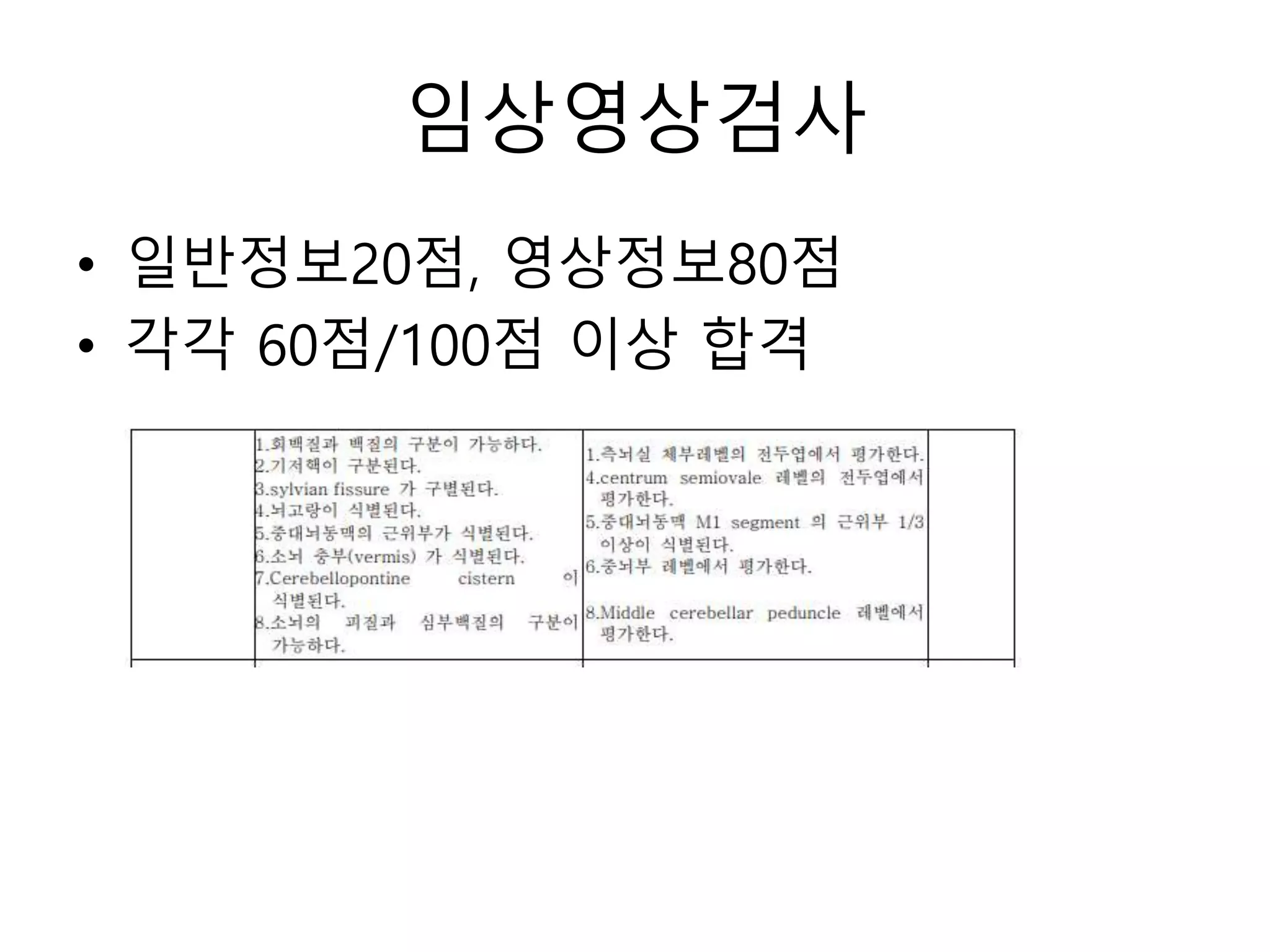 임상영상검사
• 일반정보20점, 영상정보80점
• 각각 60점/100점 이상 합격
 