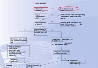 Gross Hematuria
History of
trauma?
Signs/
symptoms of
UTI?
Signs/symptoms
of stones?
Signs/symptoms of
GN?(edema, HTN, p
roteinuria, RBC cast
s)
No Yes
No
No
No
CT of abdomen and
pelvis
Urine culture, treat appropriately
Recheck UA after infection
cleared
Imaging (KUB, ultrasound, CT)
Urine Cr/Ca ratio or 24
hour urine for calcium
Yes
Yes
Yes
No obvious cause on hist
ory, physical or urinanaly
sis
Check BUN/Cr, electrolytes, CB
C, C3/C4, albumin
Consider A
SO, antiDNAaseB, ANA
Tests to considers:
Urine culture
Urine Ca/Cr ratio
Test parents for hematuria
Hgb electrophoresis
Renal U/S
Diagnosis
apparent?
Treatme
nt
Referral to pediatric ne
phrologist
Diagnosis consistent
with PSGN or HSP?
Supportive
treatment with
close follow-up
Yes No
No Yes
 