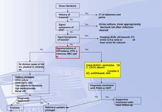 Gross Hematuria
History of
trauma?
Signs/
symptoms of
UTI?
Signs/symptoms
of stones?
Signs/symptoms of
GN?(edema, HTN, p
roteinuria, RBC cast
s)
No Yes
No
No
No
CT of abdomen and
pelvis
Urine culture, treat appropriately
Recheck UA after infection
cleared
Imaging (KUB, ultrasound, CT)
Urine Cr/Ca ratio or 24
hour urine for calcium
Yes
Yes
Yes
No obvious cause on hist
ory, physical or urinanaly
sis
Check BUN/Cr, electrolytes, CB
C, C3/C4, albumin
Consider A
SO, antiDNAaseB, ANA
Tests to considers:
Urine culture
Urine Ca/Cr ratio
Test parents for hematuria
Hgb electrophoresis
Renal U/S
Diagnosis
apparent?
Treatme
nt
Referral to pediatric ne
phrologist
Diagnosis consistent
with PSGN or HSP?
Supportive
treatment with
close follow-up
Yes No
No Yes
 