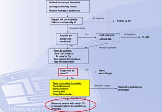 Isolated microscopic hematuria
Lacking contributory history,
Physical findings or proteinuria
Repeat UA (no exercise
before test) weekly x2
Hematuria persist
Follow up prn
UA negative
Patient on
suspected
medicine?
Yes Hold med and
recheck UA
F/U prn
UA negative
No
Hematuria persists
Tests to consider:
Urine Ca/Cr ratio or
24 urine for Ca
Test parents for hematuria
Hgb electrophoresis
Tests to consider (low yield):
Renal ultrasound
BUN/Creatinine
Hearing test
Coagulation studies
Diagonosis ap
parent?
Reassure parents with yearly F/U
or consider referral to pediatric ne
phrologist
Treat
accordingly
No
Yes
Referral to pediatric ne
phrologist
Abnormal results
Results normal
 