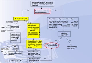 Microscopic hematuria with abnorm
al findings on history, physical or uri
nanalysis
Presence of proteinuria, ede
ma or hypertension?
Patient acutely ill?
Recheck UA
in one week
F/U prn
UA(-)
No (proteinuria without e
dema or HTN) Yes
Labs to check:
Bun/Cr Electrolytes
CBC/ C3,C4
Albumin
Labs to consider: A
SO/antiDNAase B A
NA
Refer to pedi
atric nephrolo
gist
Labs to check:
BUN/Cr, CBC
C3, C4
Albumin
Labs
normal?
Hematuria & proteinuria
persistent?
Hematuria & proteinuria p
ersistent
Yes
No
Yes
No
Follow up prn
Elevated BUN/Cr? Neph
rotic syndrome? Moder
ate to severe hypertensi
on? Diagnosis un
certain?
Close follow-up
with supportive
therapy as needed
No
No
Development of
complication or
lack of
Refer to pediatr
ic nephrologist
Treat accordingly,
follow-up prn
Diagnosis
apparent?
Yes No
Yes
Yes
No Yes
Tailor W/U according to associated findings:
R/O trauma →CT if > 50 RBC/hpf S/Sx o
f UTI → Urine culture, recheck UA S/Sx of sto
nes → Imaging studies Urine Ca/Cr or 24
hour urine Ca. Abdominal mass → renal ultr
asound or CT
 