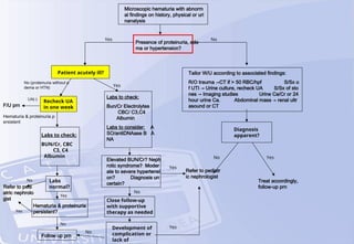 Microscopic hematuria with abnorm
al findings on history, physical or uri
nanalysis
Presence of proteinuria, ede
ma or hypertension?
Patient acutely ill?
Recheck UA
in one week
F/U prn
UA(-)
No (proteinuria without e
dema or HTN) Yes
Labs to check:
Bun/Cr Electrolytes
CBC/ C3,C4
Albumin
Labs to consider: A
SO/antiDNAase B A
NA
Refer to pedi
atric nephrolo
gist
Labs to check:
BUN/Cr, CBC
C3, C4
Albumin
Labs
normal?
Hematuria & proteinuria
persistent?
Hematuria & proteinuria p
ersistent
Yes
No
Yes
No
Follow up prn
Elevated BUN/Cr? Neph
rotic syndrome? Moder
ate to severe hypertensi
on? Diagnosis un
certain?
Close follow-up
with supportive
therapy as needed
No
No
Development of
complication or
lack of
Refer to pediatr
ic nephrologist
Treat accordingly,
follow-up prn
Diagnosis
apparent?
Yes No
Yes
Yes
No Yes
Tailor W/U according to associated findings:
R/O trauma →CT if > 50 RBC/hpf S/Sx o
f UTI → Urine culture, recheck UA S/Sx of sto
nes → Imaging studies Urine Ca/Cr or 24
hour urine Ca. Abdominal mass → renal ultr
asound or CT
 