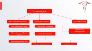 Treatment plan
Non-containment method Containment method cons.orthotic mgt
Anti-inflamatory drugs
Observation and abduction
exercise
Swimming and cycling
Non-surgical containment
Surgical containment
Femoral varus osteotomy Innominate osteotomy
Abduction cast
Abduction brace
etc
 