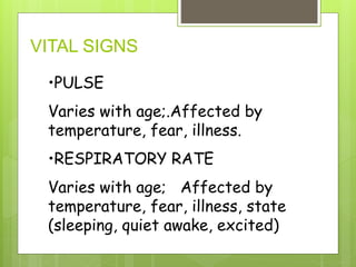 •PULSE
Varies with age;.Affected by
temperature, fear, illness.
•RESPIRATORY RATE
Varies with age; Affected by
temperature, fear, illness, state
(sleeping, quiet awake, excited)
VITAL SIGNS
 