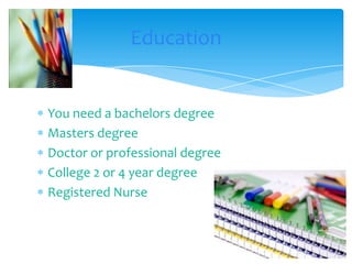You need a bachelors degreeMasters degreeDoctor or professional degreeCollege 2 or 4 year degreeRegistered NurseEducation