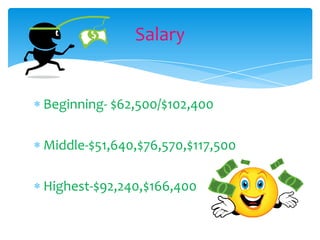 Beginning- $62,500/$102,400Middle-$51,640,$76,570,$117,500Highest-$92,240,$166,400Salary
