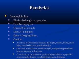 ParalyticsParalytics
 SuccinylcholineSuccinylcholine
 Blocks cholinergic receptor sitesBlocks cholinergic receptor sites
 Depolarizing agentDepolarizing agent
 Onset 30-60 secondsOnset 30-60 seconds
 Lasts 3-12 minutesLasts 3-12 minutes
 Dose: 1-2mg/kg/doseDose: 1-2mg/kg/dose
 Caution:Caution:
 Avoid use in Duchenne's muscular dystrophy, trauma, burns, crushAvoid use in Duchenne's muscular dystrophy, trauma, burns, crush
injury, renal failure and genetic disordersinjury, renal failure and genetic disorders
 Can cause hyperkalemia, rhabdomyolysis, malignant hyperthermia,Can cause hyperkalemia, rhabdomyolysis, malignant hyperthermia,
hypertension and arrhythmiashypertension and arrhythmias
 Contraindicated in glaucoma, penetrating eye injuries, myopathies,Contraindicated in glaucoma, penetrating eye injuries, myopathies,
neuromuscular disease, pseudocholinesterdase deficiencyneuromuscular disease, pseudocholinesterdase deficiency
 