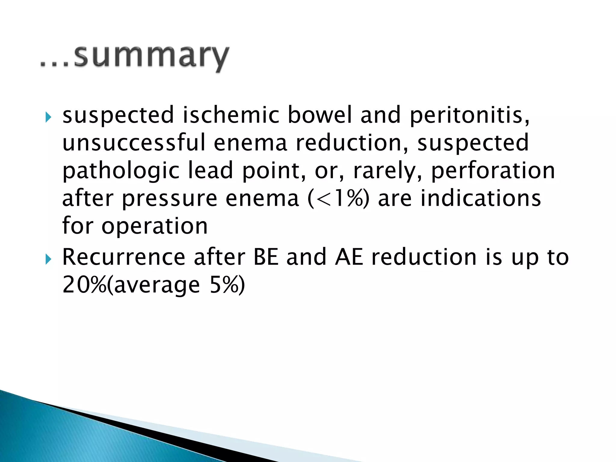  suspected ischemic bowel and peritonitis,
unsuccessful enema reduction, suspected
pathologic lead point, or, rarely, perforation
after pressure enema (<1%) are indications
for operation
 Recurrence after BE and AE reduction is up to
20%(average 5%)
 