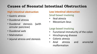Causes of Neonatal Intestinal Obstruction
High intestinal obstruction
• Gastric atresia
• Duodenal atresia
• Duodenal stenosis (with
annular pancreas)
• Duodenal web
• Malrotation
• Jejunal atresia and stenosis
Low intestinal obstruction
Small bowel involving
• Ileal atresia
• Meconium ileus
Large bowel involving
• Functional immaturity of the colon
• Hirschsprung disease
• Colonic atresia
• Anal atresia and anorectal
malformation
11
 