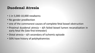 Duodenal Atresia
• 1 in 5,000-10,000 newborns
• No gender predilection
• one of the commonest causes of complete fetal bowel obstruction
• Proximal duodenal atresia – d/t failed bowel lumen recanalization in
early fetal life (late first trimester)
• Distal atresia – d/t secondary of ischemic episode
• 50% have history of polyhydramnios
34
 