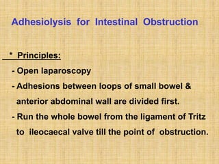 Adhesiolysis for Intestinal Obstruction
* Principles:
- Open laparoscopy
- Adhesions between loops of small bowel &
anterior abdominal wall are divided first.
- Run the whole bowel from the ligament of Tritz
to ileocaecal valve till the point of obstruction.
 