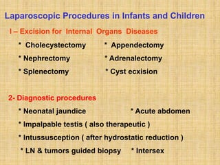 Laparoscopic Procedures in Infants and Children
I – Excision for Internal Organs Diseases
* Cholecystectomy * Appendectomy
* Nephrectomy * Adrenalectomy
* Splenectomy * Cyst ecxision
2- Diagnostic procedures
* Neonatal jaundice * Acute abdomen
* Impalpable testis ( also therapeutic )
* Intussusception ( after hydrostatic reduction )
* LN & tumors guided biopsy * Intersex
 