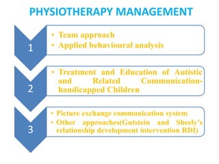 PHYSIOTHERAPY MANAGEMENT
1
• Team approach
• Applied behavioural analysis
2
• Treatment and Education of Autistic
and Related Communication-
handicapped Children
3
• Picture exchange communication system
• Other approaches(Gutstein and Sheely’s
relationship development intervention RDI)
 
