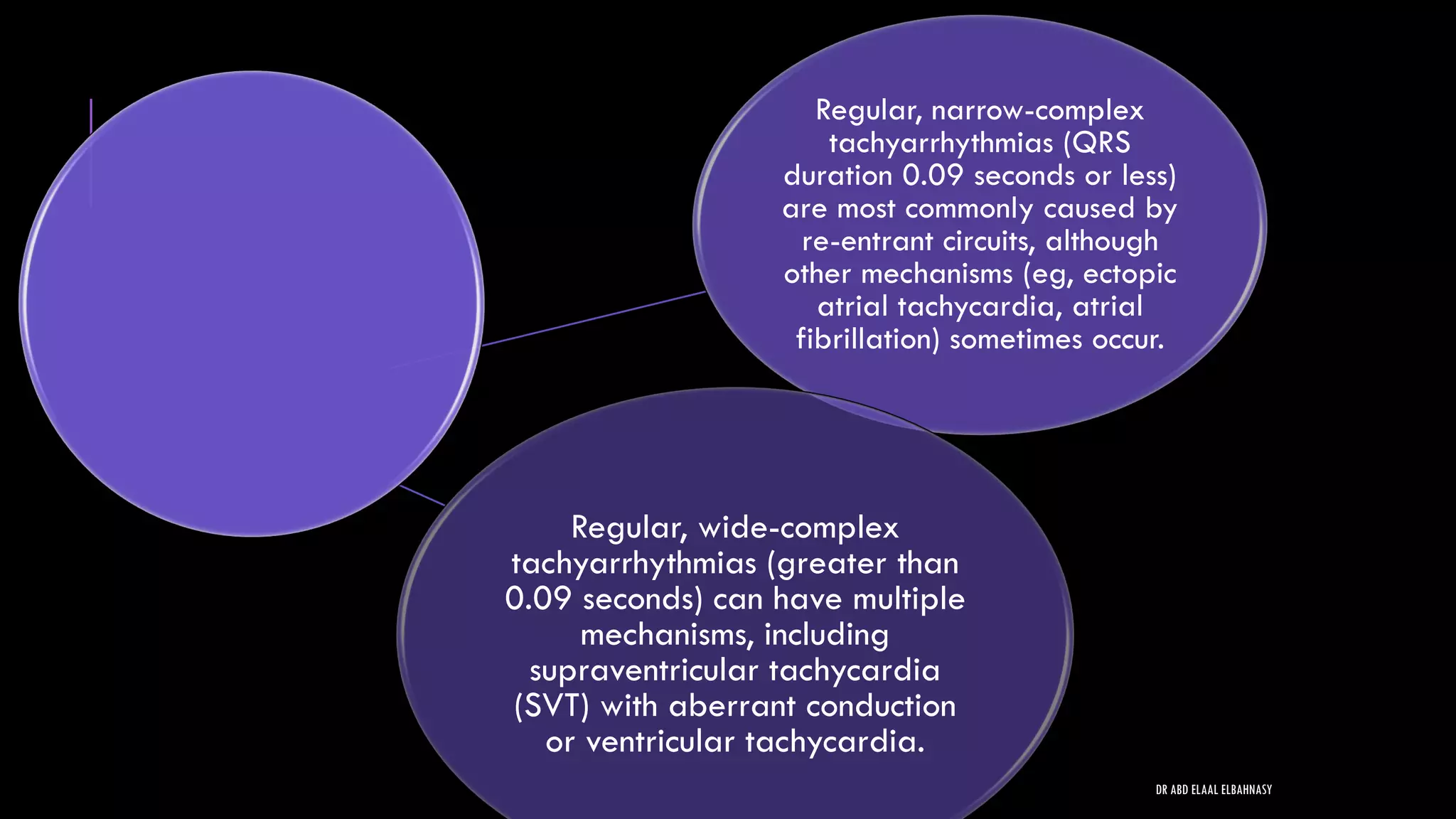 Regular, narrow-complex
tachyarrhythmias (QRS
duration 0.09 seconds or less)
are most commonly caused by
re-entrant circuits, although
other mechanisms (eg, ectopic
atrial tachycardia, atrial
fibrillation) sometimes occur.
Regular, wide-complex
tachyarrhythmias (greater than
0.09 seconds) can have multiple
mechanisms, including
supraventricular tachycardia
(SVT) with aberrant conduction
or ventricular tachycardia.
DR ABD ELAAL ELBAHNASY
 