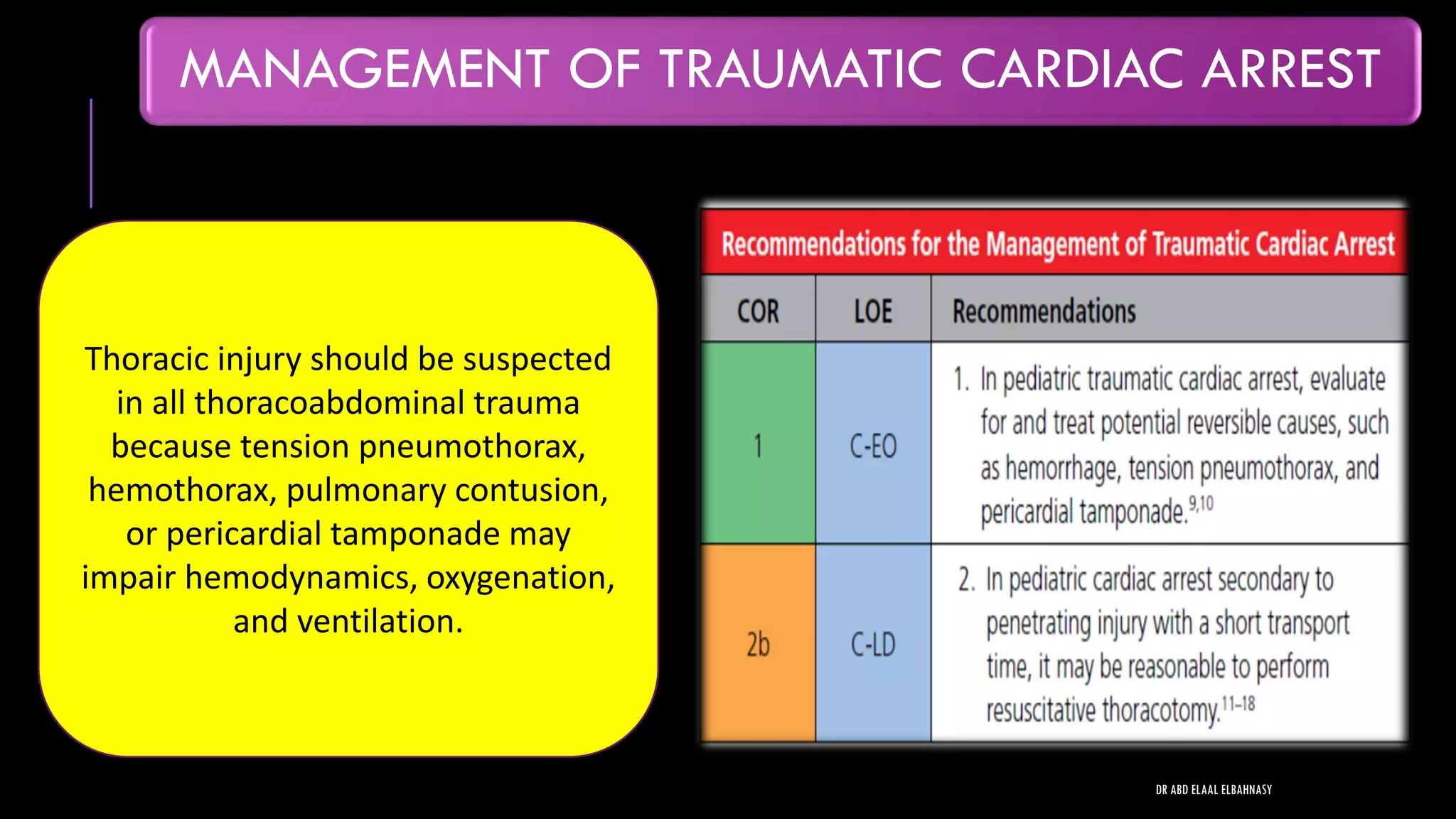 MANAGEMENT OF TRAUMATIC CARDIAC ARREST
Thoracic injury should be suspected
in all thoracoabdominal trauma
because tension pneumothorax,
hemothorax, pulmonary contusion,
or pericardial tamponade may
impair hemodynamics, oxygenation,
and ventilation.
DR ABD ELAAL ELBAHNASY
 