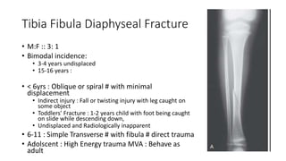 Tibia Fibula Diaphyseal Fracture
• M:F :: 3: 1
• Bimodal incidence:
• 3-4 years undisplaced
• 15-16 years :
• < 6yrs : Oblique or spiral # with minimal
displacement
• Indirect injury : Fall or twisting injury with leg caught on
some object
• Toddlers’ Fracture : 1-2 years child with foot being caught
on slide while descending down,
• Undisplaced and Radiologically inapparent
• 6-11 : Simple Transverse # with fibula # direct trauma
• Adolscent : High Energy trauma MVA : Behave as
adult
 