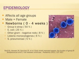 Affects all age groups
 Male = Female
 Newborns ( 0 - 4 weeks )









Group b strep ( 50 % )
E. coli ( 25 % )
Other gram - negative rods ( 8 % )
Listeria monocytogenes ( 6 % )
S. pneumoniae ( 5 % )

Stoll BJ, Hansen NI, Sanchez PJ, et al. Early onset neonatal sepsis: the burden of group B
Streptococcal and E. Coli disease continues. Pediatrics 2011; 127: 817.

 