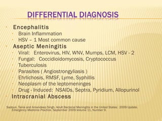 •

Encephalitis
•
•

•

Aseptic Meningitis
•
•
•
•
•
•
•

•

Brain Inflammation
HSV – 1 Most common cause
Viral: Enterovirus, HIV, WNV, Mumps, LCM, HSV - 2
Fungal: Coccidioidomycosis, Cryptococcus
Tuberculosis
Parasites ( Angiostrongyliasis )
Ehrlichosis, RMSF, Lyme, Syphillis
Neoplasm of the leptomeninges
Drug - Induced: NSAIDs, Septra, Pyridium, Allopurinol

Intracranial Abscess

Sadoun, Tania and Amandeep Singh. Adult Bacterial Meningitis in the United States: 2009 Update.
Emergency Medicine Practice. September 2009.Volume 11, Number 9.

 