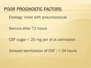 

Etiology: more with pneumococcal



Seizure after 72 hours



CSF sugar < 20 mg per dl at admission



Delayed sterilization of CSF : > 24 hours

 