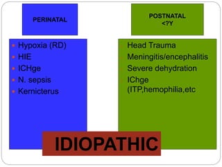  Hypoxia (RD)
 HIE
 ICHge
 N. sepsis
 Kernicterus
- Head Trauma
- Meningitis/encephalitis
- Severe dehydration
- IChge
(ITP,hemophilia,etc
PERINATAL
POSTNATAL
<?Y
IDIOPATHIC
 